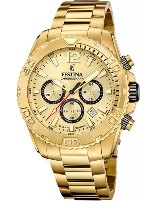 Festina Festina Timeless Chrono F20684/1  F20684/1 кварцевые мужские часы золотой циферблат, браслет сталь c pvd покрытием — вид спереди